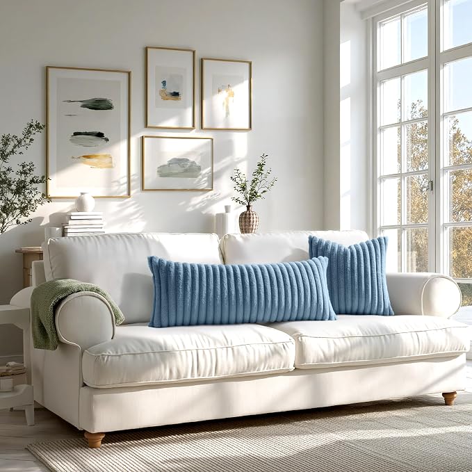 MIULEE Faux Fur Lumbar Throw Pillow Covers 12x20 Set of 2 Grey Blue | Coastal Modern Soft Plush Couch Pillows, Cozy Fluffy Cushion Covers for Sofa Bed Living Room Home Decor