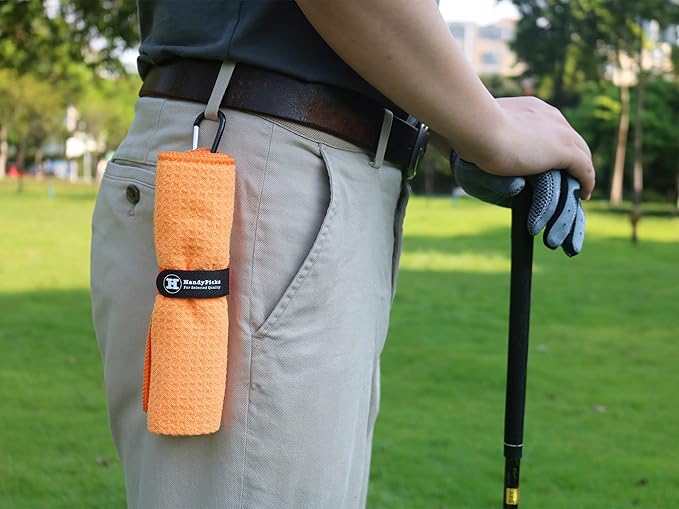 Handy Picks Microfiber Golf Towel (16" X 16") with Carabiner Clip, Waffle Pattern Golf Towel Hook and Loop Fastener - The Convenient Golf Cleaning Towel