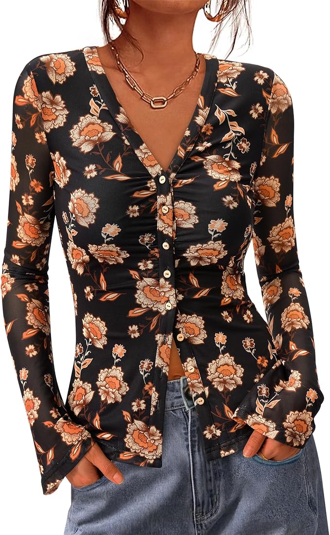 BTFBM Button Down Shirts for Women 2026 Fall Boho Tops V Neck Long Sleeve Blouses Ruched Mesh Fitted Fashion Clothing