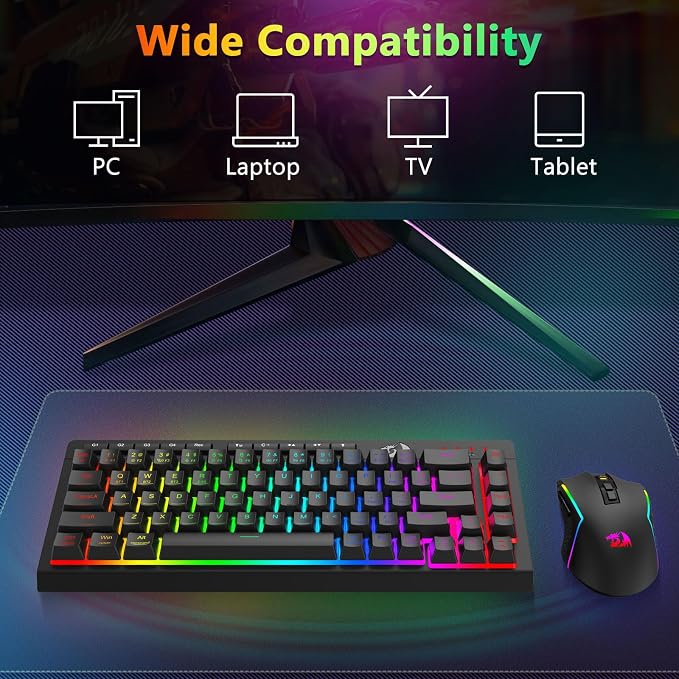 Redragon Wireless Gaming Keyboard and Mouse Combo, 60% Portable, Black | Bluetooth/2.4G/USB-C Wired, RGB Backlit, Quiet Rechargeable Macro Membrane Keyboard & 12800 DPI Mouse for Win/MAC