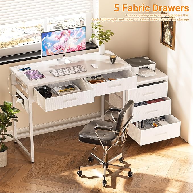Unikito Reversible Computer Desk with 5 Drawers, Sturdy Office Desk with Power Outlets and USB Ports, Study Writing Table with File Cabinet & Printer Stand, Vanity Desk with Storage, White