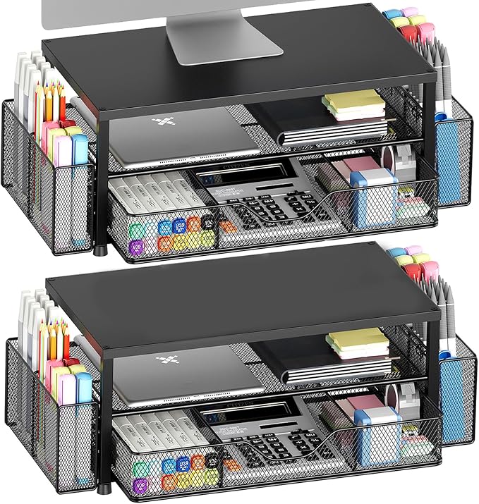 OPNICE Desk Organizer and Accessories, 2-Tier Computer Monitor Stand Riser with Drawer and 2 Pen Holders, Laptop Stand, Office Desk Accessories for Office Supplies, Black 2-Pack