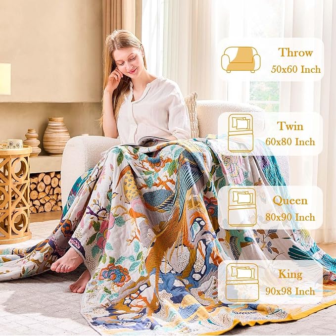 XIBLC Fall Throw Blanket for Couch, Yellow Boho Decorative Throw Blanket, 100% Cotton Muslin Breathable Woven Farmhouse Blankets Quilt, 80"x90" Reversible Lightweight Blankets Bohemian Throw Quilt