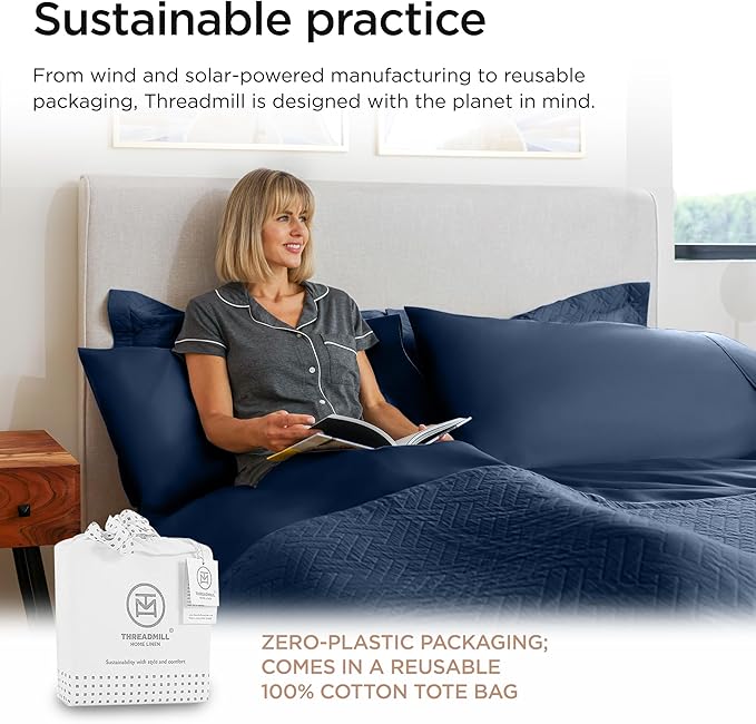 Threadmill Luxury 800 Thread Count Queen 100% Cotton Sheets - Folkstone Blue Sateen Weave Bed-Sheets, Better Than Egyptian Cotton,4 Pc Solid Soft Bed Set, Fits 16" Deep Pocket