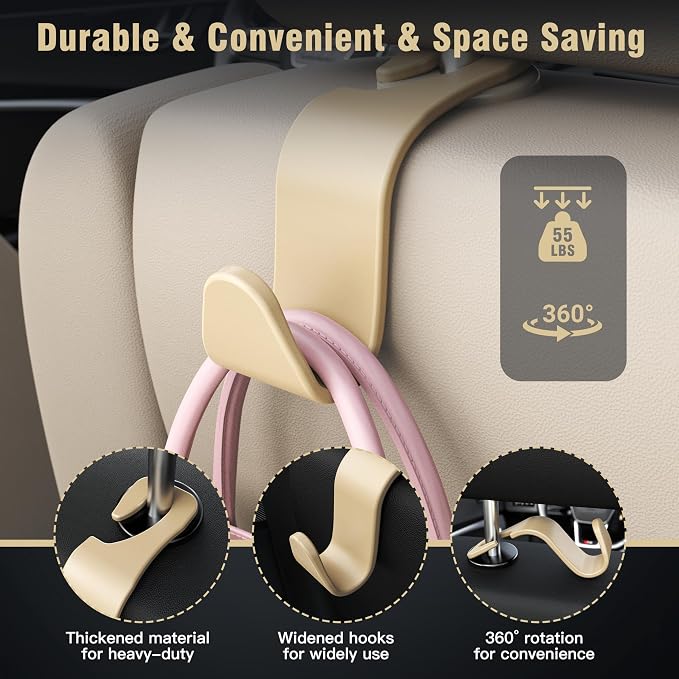 Amooca 4-Pack Car Headrest Hooks –Holds 55lbs Vehicle Storage Organizer for Purses Handbags Groceries Coats 360° Rotating Simple Design Beige