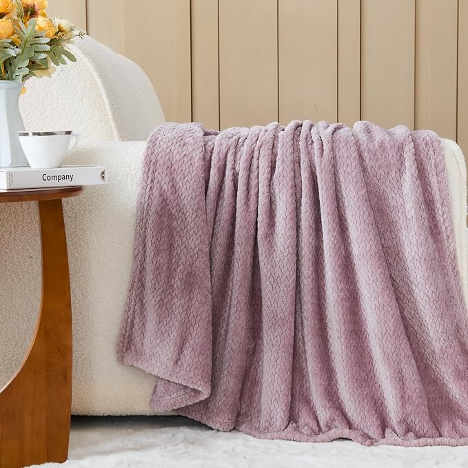 NEWCOSPLAY Fleece Leaves Pattern Queen Blanket, Light Purple, 90"x90" | Super Soft Throw Blanket, Lightweight Cozy Bed Sofa Blanket, Premium Silky Flannel Fleece, Travel Blanket for All Season Use