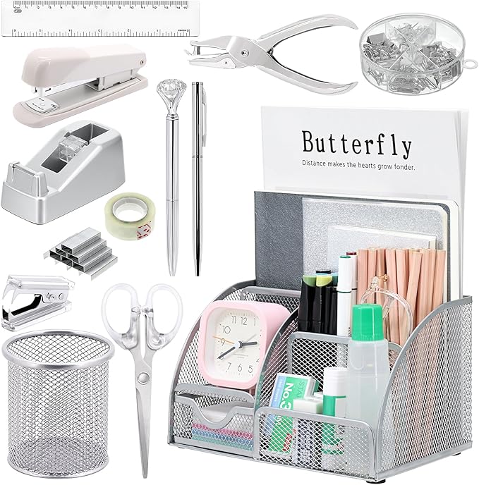 SYMDROMIA 13-in-1 Office Desk Organizer Set with Stapler and Tape Dispenser, Pen Holder, Scissors, Ruler, Hole Punch, 2 Pens & More Desktop Accessories for Back to School Supplies (Silver)