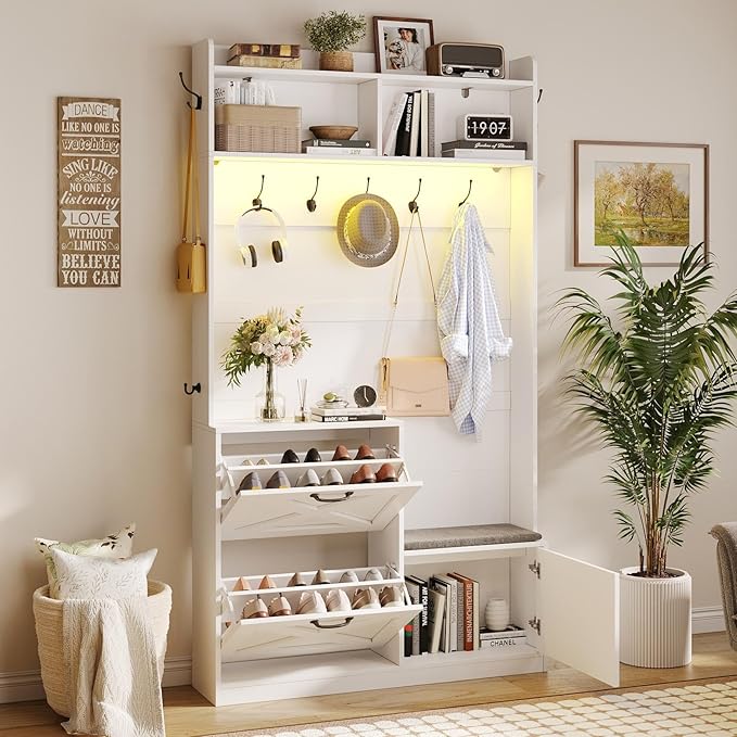 Maupvit Entryway Hall Tree with Bench and Shoe Storage, 5-in-1 Narrow Hall Tree with LED Light, Cushioned Stool & 9 Hooks, 2 Flip Drawers, 78" Coat Shoe Rack for Mudroom, Hallway, Living Room, White
