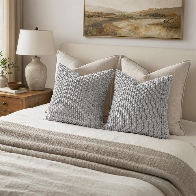 MIULEE Decorative Throw Pillow Covers 20x20 Light Grey Textured Corduroy | Pack of 2 Striped Pillow Covers Modern Farmhouse Home Decor for Couch Bed Sofa Living Room