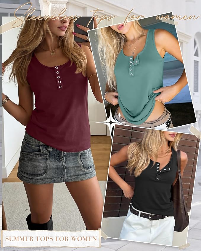 Ficerd 3 Pack Women's Henley Tank Tops Sleeveless Button Down Summer Shirts 2026 Casual Trendy Loose U Neck Tee Blouses