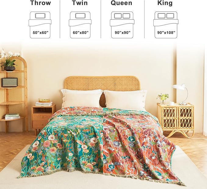 LUTBM Boho Throw Blanket for Couch 50"x60", Cotton Decorative Bed Throw | Reversible Florals Embroidery, All-Season Lightweight Breathable Blankets, For Chair Sofa Living Room Bedroom
