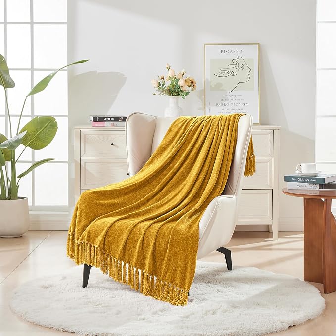 CozeCube Chenille Throw Blanket, Harvest Gold Fringe Blanket, 60"X80" | For Couch, Cozy Plush Fuzzy Decorative Blanket with Fringe Tassels, Lightweight Throws for Bed Sofa Gift Home Decor