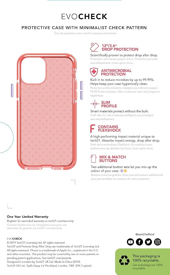 tech21 Evo Check Phone Case for Apple iPhone 11 with 12 ft. Drop Protection Coral