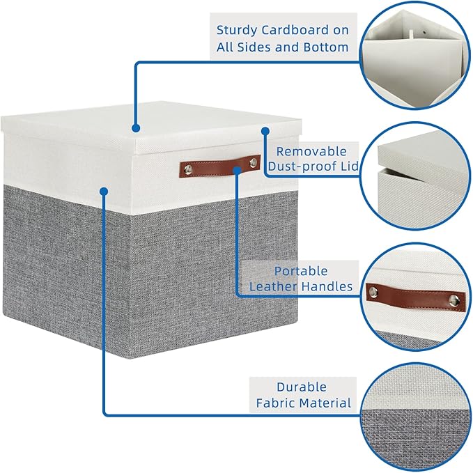 Temary Cube Storage Bins with Lids for Organizing Clothes, [2-Pack] Foldable Storage Boxes with Handles, Closet Storage Baskets for Living Room (White&Gray, 13x13x13inch)