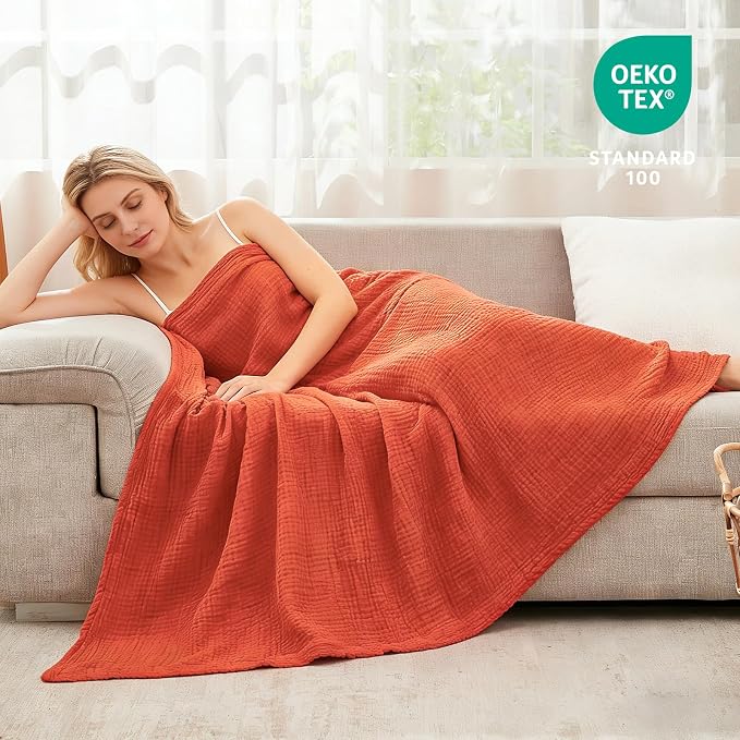 EMME Cotton Muslin Large Throw Blanket Couch Breathable Gauze Soft Lightweight Bed Blankets Adults (Heather Orange Rust, 50"x70")