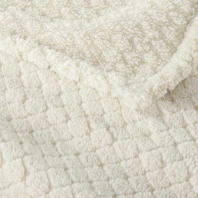 Exclusivo Mezcla Soft Fleece Twin Size Blanket for Bed, Ivory | Jacquard Lightweight Cozy Bed Blanket, Breathable Decorative Fuzzy Textured All Season Use, 60x80 Inches