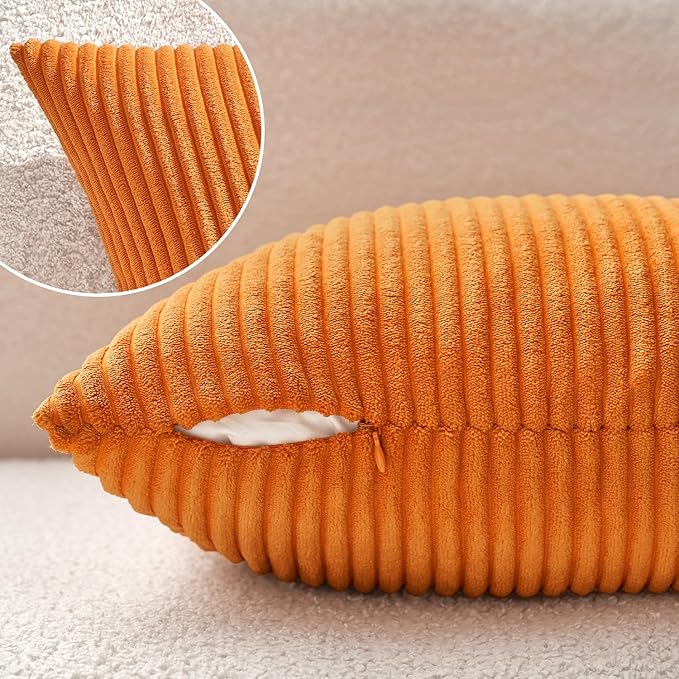 MIULEE Fall Decorative Corduroy Throw Pillow Covers Set of 2 20x20 Orange | Soft Striped Textured Cushion Cases, Boho Energetic Vibe Pillowcases for Home Decor, for Couch Chair Sofa Bed Living Room