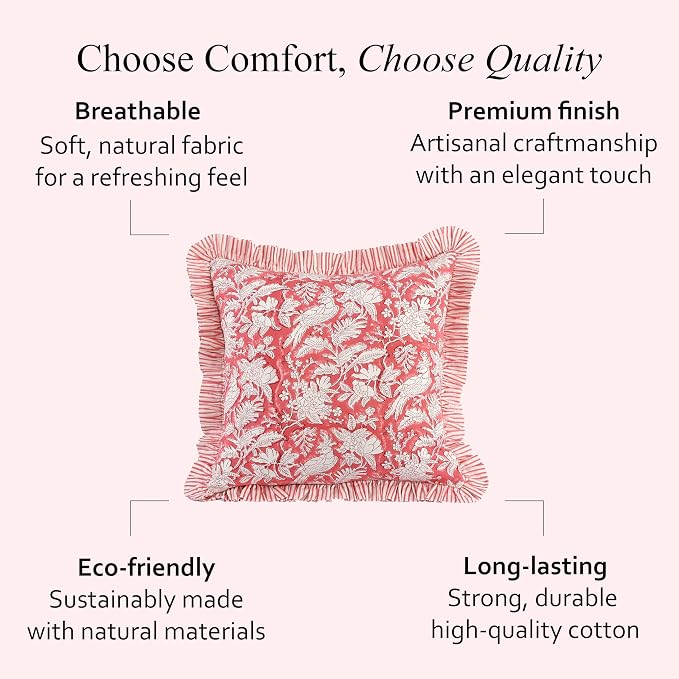 CPC Pink Coral Ruffle Throw Pillow Covers for Couch, 24x24 Inch Cotton Stripe Ruffle Couch Pillows for Living Room, Hidden 20 Inch Zipper Boho Pillow Case or Cute Outdoor Pillows