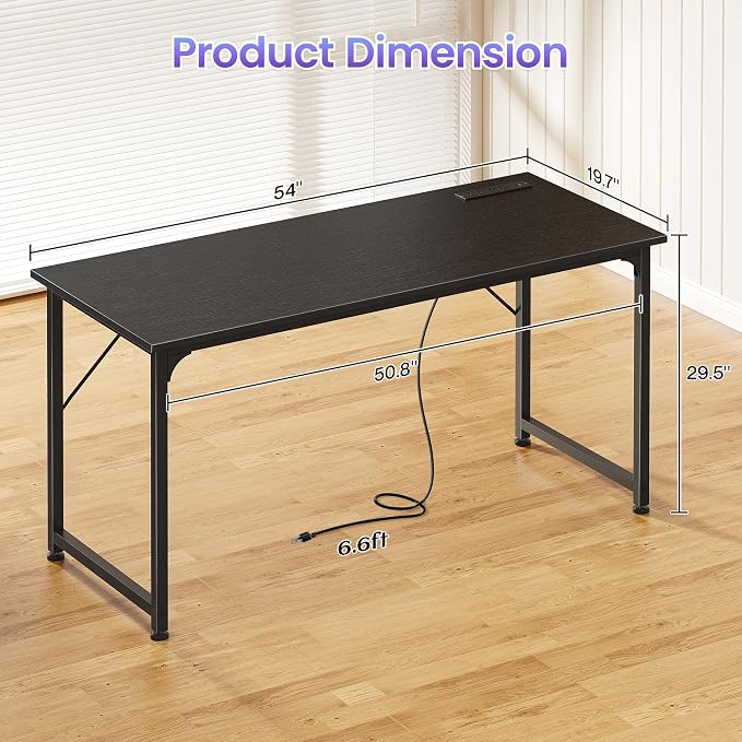 PRAISUN 55 X 20 Inch Computer Desk, Power Outlets, USB-C, Black | Office Desk with 4 AC Outlets, USB & USB-C, Sturdy Metal Frame, Spacious Desktop for Work, Writing, Study & Gaming