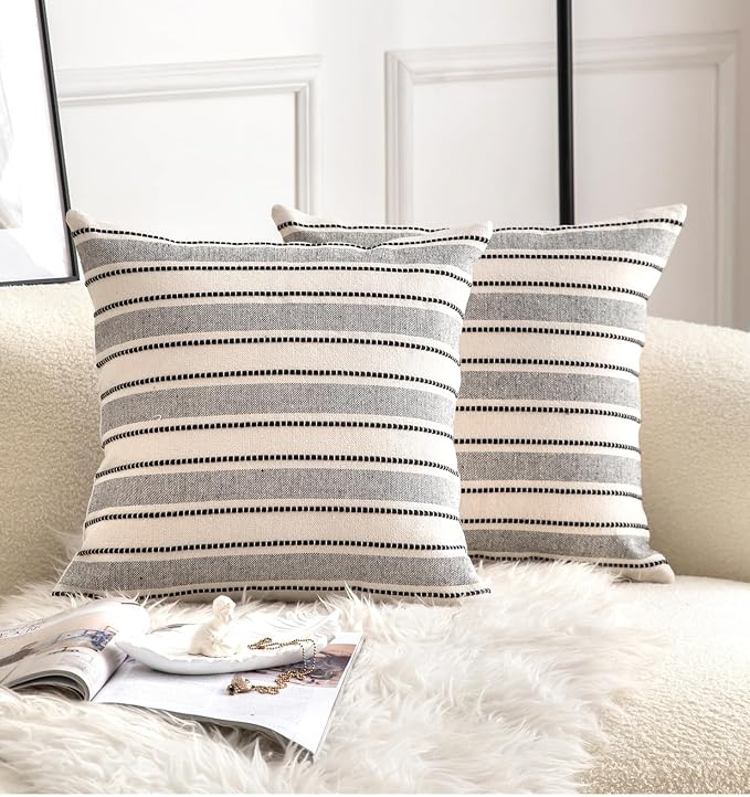 Cethom Decorative Boho Throw Pillow Covers, Farmhouse Textured Pillow Case, 22 x 22 Inch Set of 2, Chair Sofa Bedroom Living Room Home Decor Couch Cushion Case, Black and Beige Striped