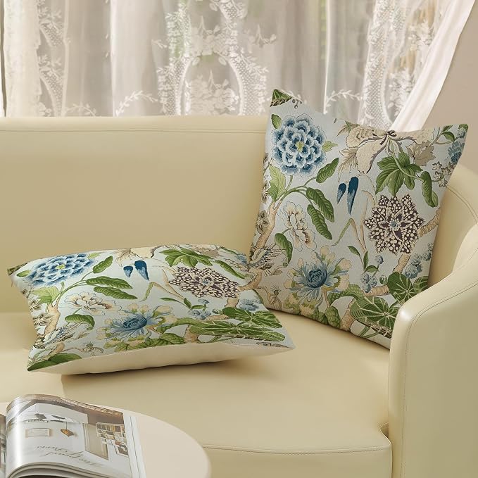 Baby Blue Green Pillow Covers 16x16 Inch Set of 2 Vintage Blue Floral Throw Pillows Chinoiserie Flower Decorative Pillow Case Outdoor Linen Farmhouse Cushion Cover for Couch Sofa Decorations