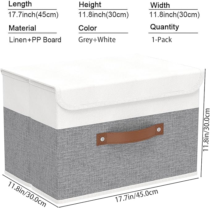 Yawinhe Storage Bins with Lids, Fabric Foldable Boxes, Washable and Leather Handle, Cube Organizer Basket for Home, Closet, White/Grey, 17.7''Lx11.8''Wx11.8''H, 1-Pack, USNK024WGX-1