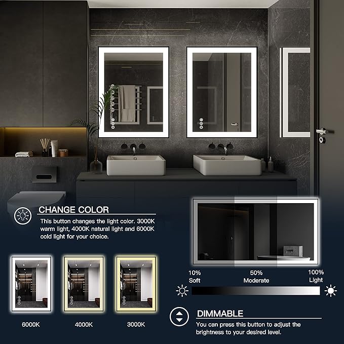 ISKM Framed LED Mirror for Bathroom 40"x30", Dimmable LED Bathroom Mirror with Lights, Anti-Fog, Front and Backlit Lighted Mirror 3-Colors, Shatterproof, Memory Function