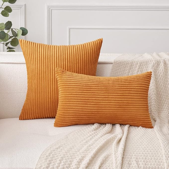 MIULEE Fall Euro Corduroy Throw Pillow Covers Set of 2 24x24 Burnt Orange | Decorative Striped Textured Cushion Cases, Boho Rustic Square Pillowcases, Home Decor for Couch Chair Sofa Bed Living Room