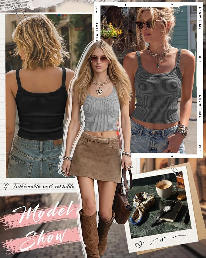 Ficerd 3 Pack Women's Tank Tops 95% Cotton Spaghetti Strap Ribbed Crop Camisole Slim Fitted Basic Summer Sleeveless Layer