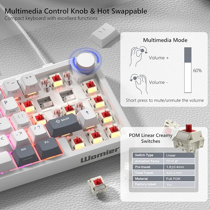 Womier 60% Gaming Keyboard Wired, Creamy Mechanical Keyboard QMK/VIA | Hot Swappable Gasket Mount RGB Key board & Translucent Keycaps POM Linear Switch for Windows/MAC (VK66 PRO White)