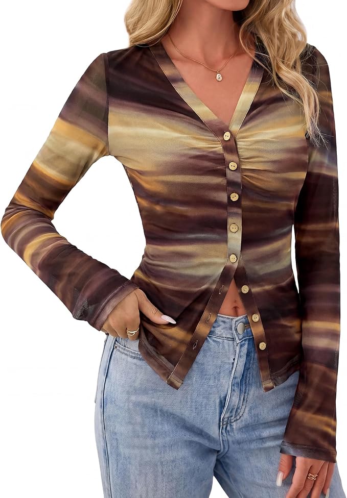 BTFBM Button Down Shirts for Women 2026 Fall Boho Tops V Neck Long Sleeve Blouses Ruched Mesh Fitted Fashion Clothing