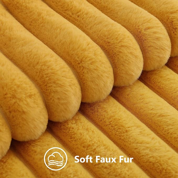 decorUhome Fall Faux Fur Throw Pillow Covers 16x16 Set of 2 Mustard Yellow | Decorative Soft Cozy Striped Plush Modern Farmhouse Boho Couch Pillow Cases Velvet Back for Sofa Bed Living Room Home Decor