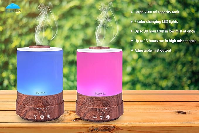 BlueHills Premium Set of Two Large 2500 ML and 4000 ML XL Essential Oil Diffusers Humidifier Combo for Large Room Home with Décor LED Lights Great Gift – Value Pack of Dark Wood Grain