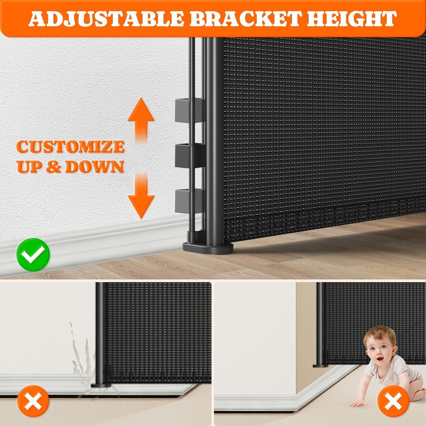 Pawtners Retractable Baby Gates Extra Wide, 41" Tall Extends up to 200" Wide, Dog Gate Indoor for Stairs, Pet Gate with Support Rods for Doorways Hallways Garage Indoor & Outdoor-Black