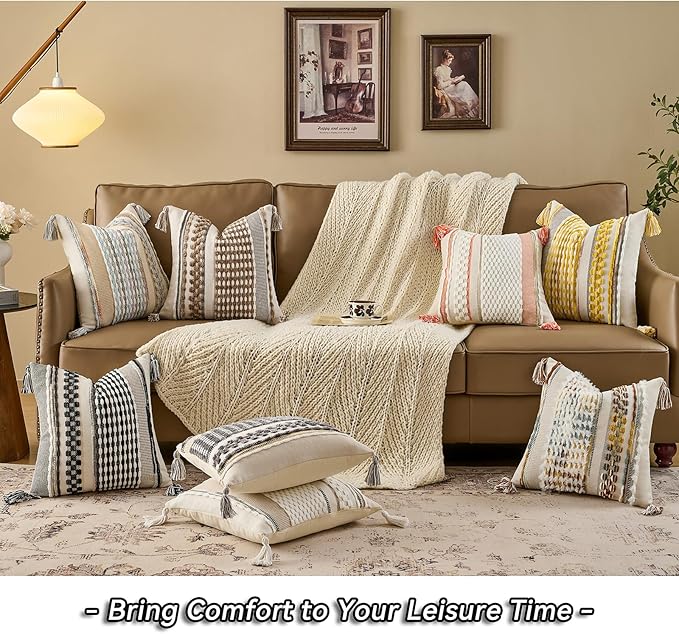 Chenille Striped Tufted Textured Boho Throw Pillow Covers Aesthetic with Tassels Woven Decorative Pillow Case for Couch Bed Sofa Bedroom Modern Funky 18 x 18-Inch Brown White