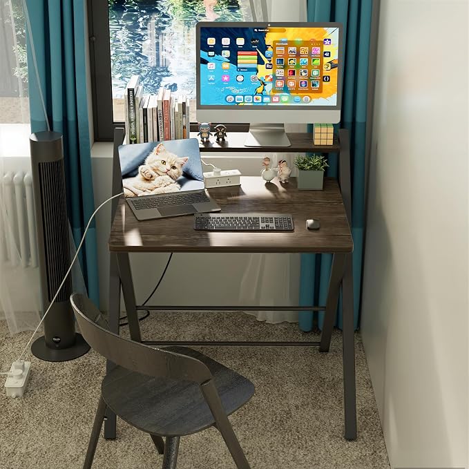 GreenForest Folding Desk No Assembly, Sturdy Computer Desk for Small Spaces | Portable Foldable Table for Laptop, 2-Tier Compact with Shelf, Space Saving for Home Office, Dorm, Apartment, 27"x 22" Brown