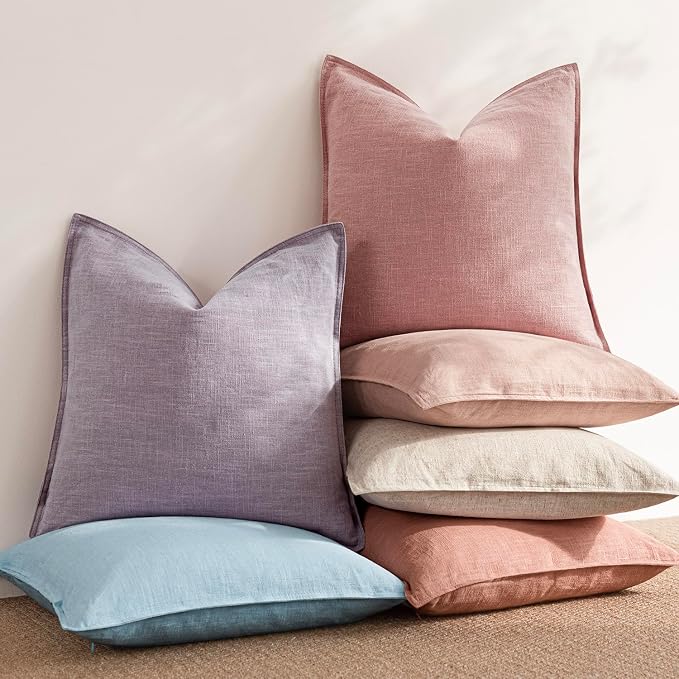 Foindtower Pack of 2, Decorative Linen Solid Throw Pillow Covers Soft Accent Cushion Euro Case Boho Farmhouse Pillowcase for Chair Couch Sofa Bedroom Living Room Home Decor 24 x 24 Inch Rose Pink