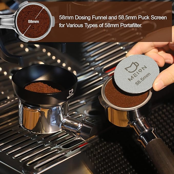 58mm Dosing Funnel and 58.5mm Puck Screen and Espresso Distribution Tool Set, Magnetic Coffee Funnel, Reusable 58.5mm Espresso Puck Screen(Black)