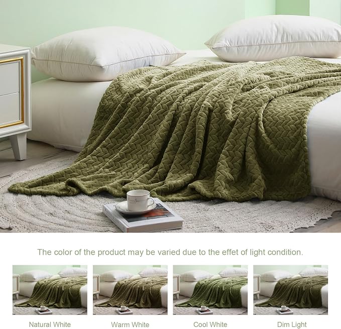 Exclusivo Mezcla Fleece Throw Blanket for Couch Sofa, 50”x70”, Olive Green | Oversized Soft Cozy Fluffy Blankets for Summer, Decorative Plush Flannel Throws for Living room, Bedroom with Leaves Pattern
