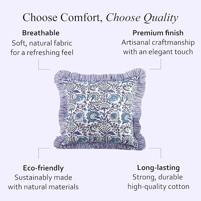 CPC Indigo Blue Ruffle Throw Pillow Covers for Couch, 24x24 Inch Cotton Stripe Ruffle Couch Pillows for Living Room, Hidden 20 Inch Zipper Boho Pillow Case or Cute Outdoor Pillows