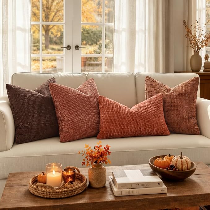 MIULEE Chenille Textured Fall Throw Pillow Covers Burnt Orange 16x16 | Set of 2, Slubby Decorative Pillows, Boho Farmhouse Home Decor, Modern Neutral Cushion Covers for Couch Sofa Bed Living Room