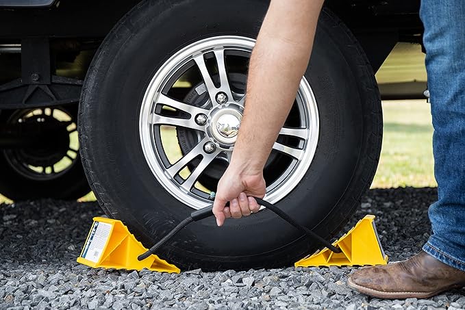 Camco Dual Standard RV Wheel Chock w/Rope - Heavy Duty Trailer Wheel Chock Constructed of Durable Plastic w/UV inhibitors - Features Rope Handle for Easy Removal - Use w/Tires Up to 26-in – 44470