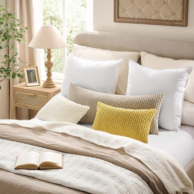 Kevin Textile Soft Corduroy 14"x36" Lumbar Pillow Cover 1 Pack, Beige | Boho Stripe Plush Corduroy Decorative Oblong Cushion Cover Modern Farmhouse Home Decor for Sofa Couch Bed Chair