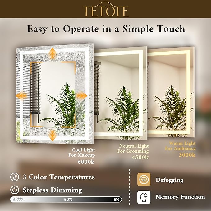 TETOTE LED Light up Bathroom Mirror Wall Mounted 48 x 24 Inch Brighter Front and Backlit Lighted Bathroom Vanity Anti Fog Mirror with Lights, 3-Color Dimmable Illuminated, Waterproof