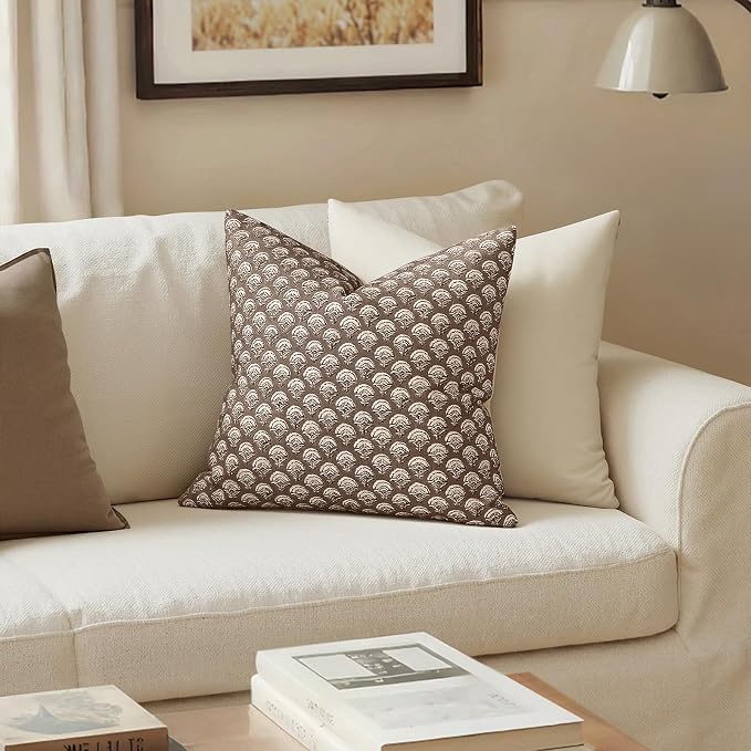 MIULEE Fall Floral Print Decorative Euro Pillow Covers 22x22, Chocolate | Vintage Boho Farmhouse Modern Home Decor, Set of 2, Brown Block Print Cushion Covers for Couch Sofa Bed Living Room