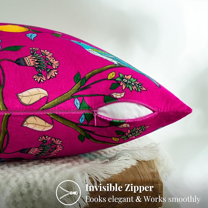 MUSSEL Hot Pink Velvet Floral Decorative 16x16 Pillow Covers Set of 2 | Soft Durable and Sturdy,Bird Plant,Throw Pillows Case,Square,Colorful Modern Cushion Covers,Home Sofa Bed Couch Decor