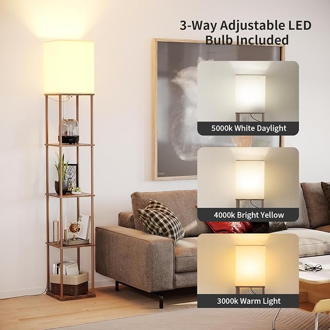 SUNMORY 5 Tier Floor Lamp with Shelves, Modern Square Standing Lamp with 3 Color Temperature Bulb, Corner Display Bookshelf Lamp for Living Room and Bedroom, Tall Shelf Floor Lamp Brown