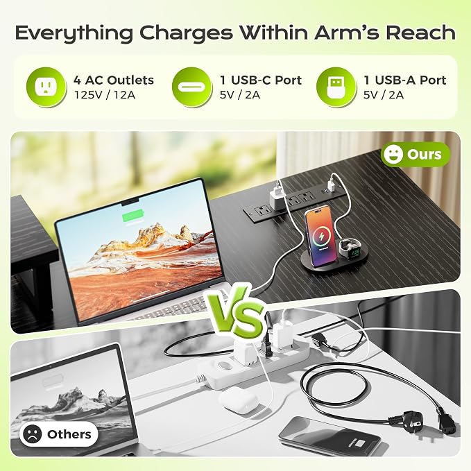 PRAISUN 61" L Shaped Computer Desk, Power Outlets, Monitor Stand, Black | USB-C Ports, Reversible Charging Station, Spacious Desktop & Legroom, 0.94 Inch Thick Desktop, for Gaming, Study & Work