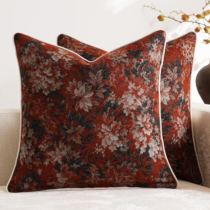 Pack of 2 Vintage Floral Throw Pillow Covers 16x16 Boho Farmhouse Accents Chenille Square Decorative Pillow Cases for Living Room Couch Bed Home Decor, Rust