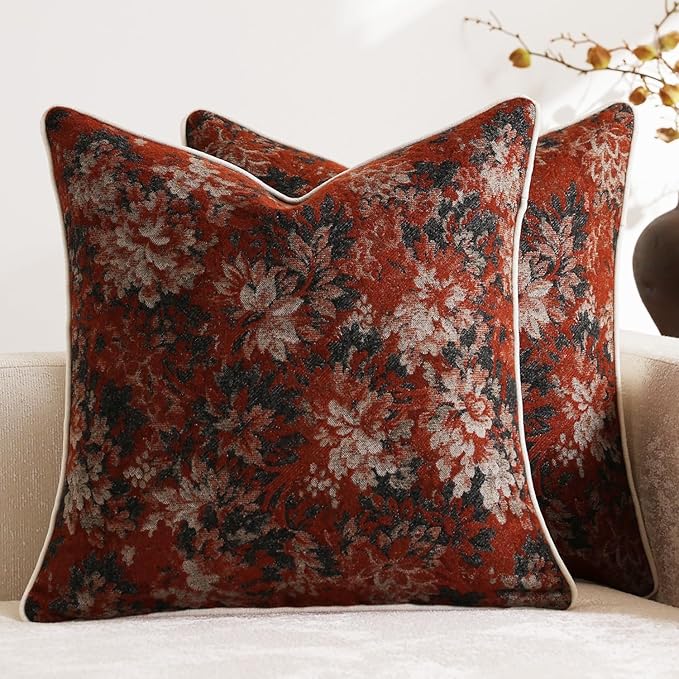 Pack of 2 Vintage Floral Euro Sham Covers 26x26 Boho Farmhouse Accents Chenille Square Decorative Throw Pillow Cases for Living Room Couch Bed Home Decor, Rust